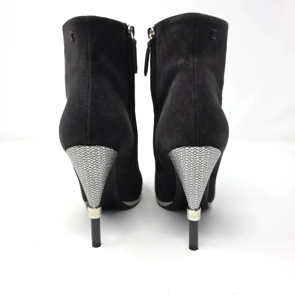 Chanel Suede Ankle Boots CC Logo Cap Toe Grey Black Silver Heels 37 6.5